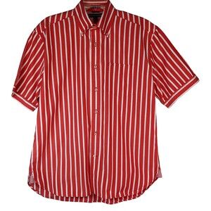 Tommy Hilfiger Mens Medium Red & White Stripe Short Sleeve Button Down Shirt